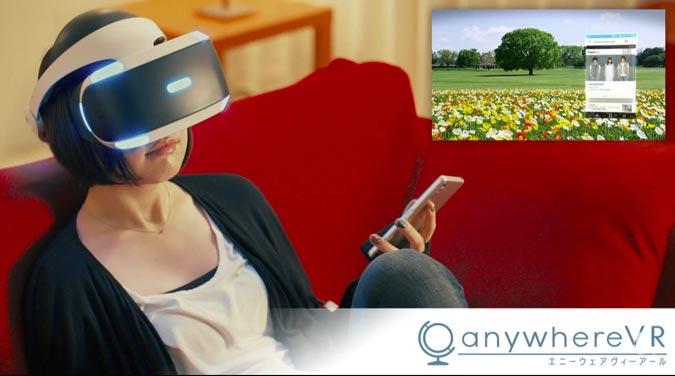 mujer usando casco de realidad virtual y celular en anywhereVR