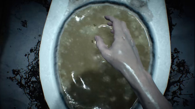 Resident Evil 7 metiendo la mano en el inodoro