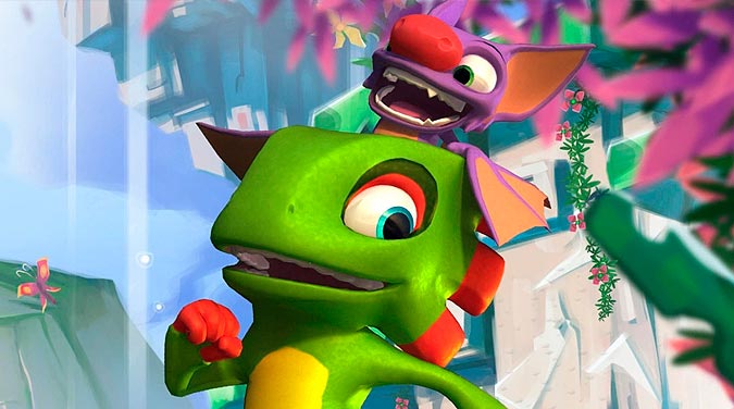 Yooka-Laylee corriendo y sonriendo