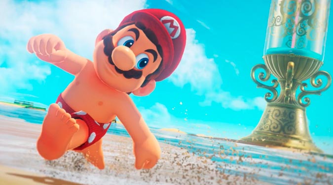 Super Mario corriendo en traje de baño.