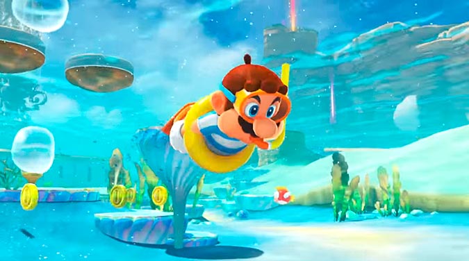 Super Mario Odyssey nadando buceando