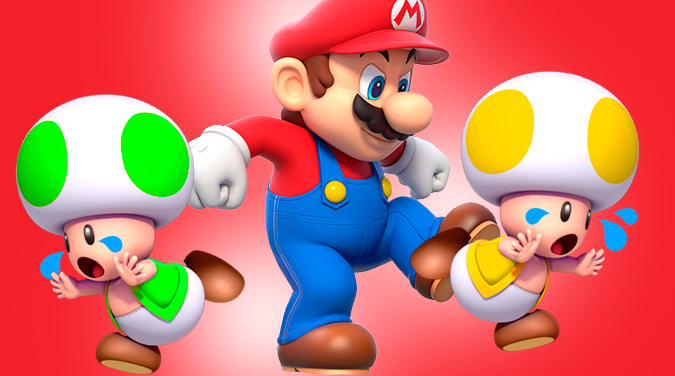 Mario malo pateando Toads