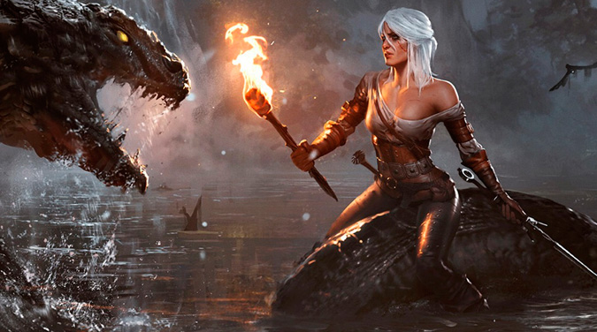Ciri de The Witcher montando una serpiente dragón