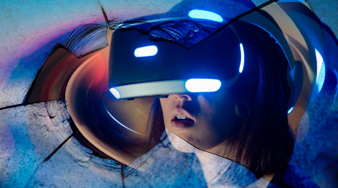 Chica con casco de realidad virtual mareada